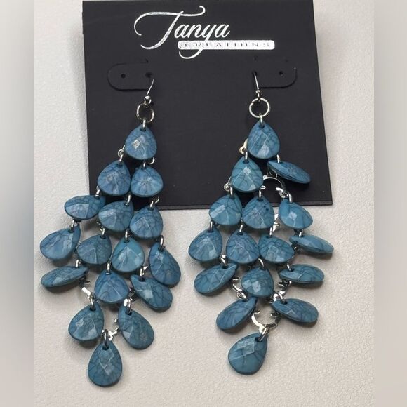 Teardrop Blue Chandelier Earrings with Cascading Design 3.5 inch - Picture 3 of 4